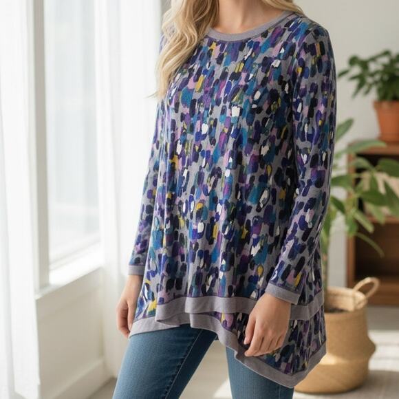 LOGO Crossover Hem Tunic Womens Medium Purple Print Long Sleeve Longline Top - Picture 1 of 8